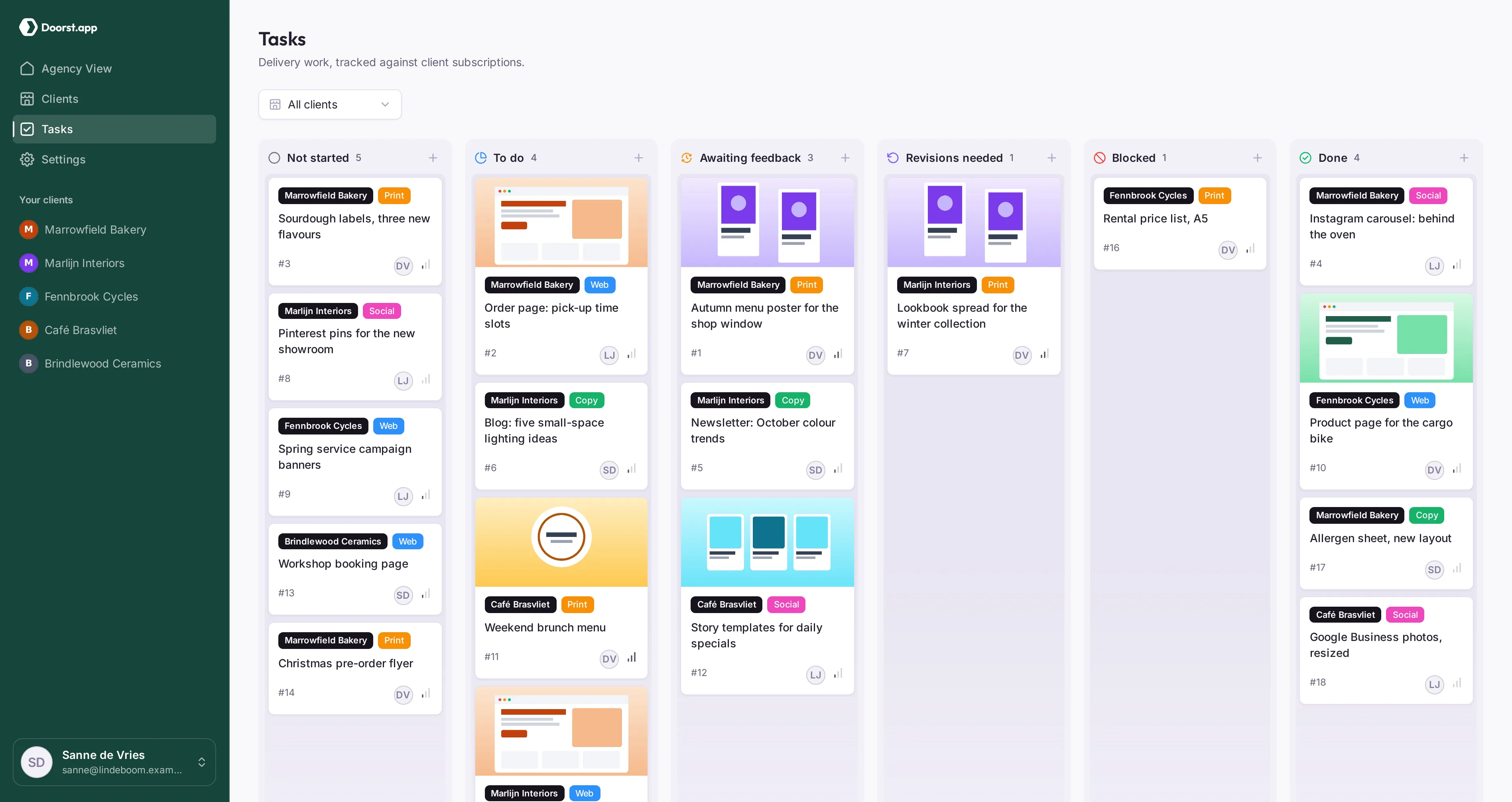 Doorstapp task board with a demo agency's client work, grouped by status